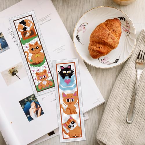 INFUNLY 6 Set Cat Cross Stitch Bookmark Kits Carton Kitten DIY Cross Stitch Kit for Beginners Black Cat Stamped Embroidery Bookmark Kit with Backing Felt Floss Instruction for Starters Book Lovers - style: 6pcs Carton Kitten