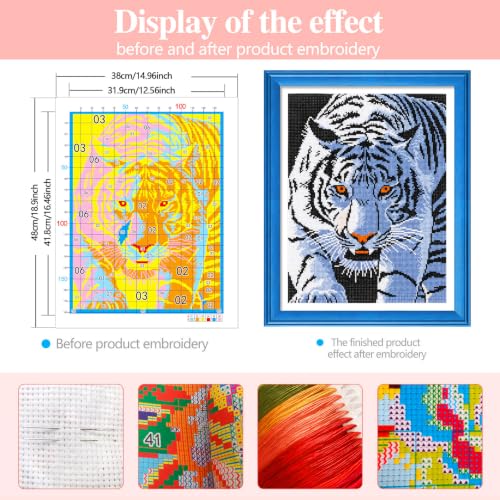 Zhenqing White Tiger Stamped Cross Stitch Kit for Beginners, 11CT Printed Full Coverage Tiger Portrait Pattern, 38 x 48 cm DIY Wildlife Animal Embroidery Needlework Set, No Hoop Needed - color: White Tiger Gaze