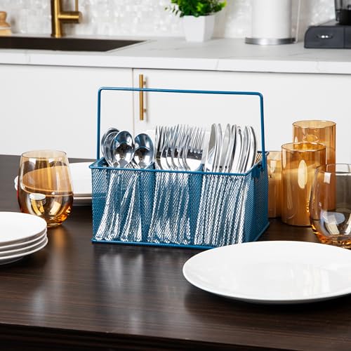 Mind Reader Multi-purpose Storage Caddy with Handle, Desktop Organizer, Cutlery Holder, 4 Compartments, Metal Mesh, Turquoise - color: Turquoise, size: Single