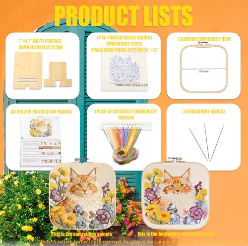 GOLDEN SMILE Maine Coon Embroidery Kit (8" Square Bamboo Hoop & 5"x7" Display Stand) – Pre-Printed Washable Floral Cat Pattern on Beige Fabric, 3 Needles, Ample Thread & Video Tutorials for Beginners
