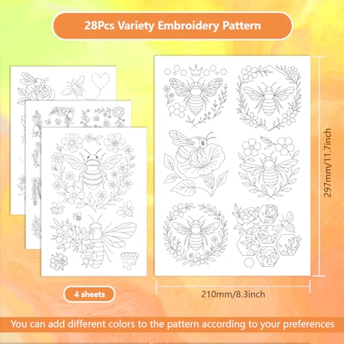 ORIGACH 4 Sheets Water Soluble Embroidery Patterns Stabilizers - Pre-Printed Bee & Flower Designs - Stick and Stitch Embroidery Paper Hand Sewing Stabilizers for Embroidery Beginners - color: Bee & Flower