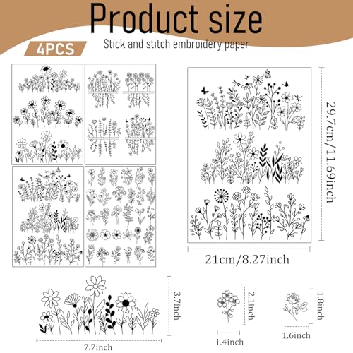 Flower Water Soluble Embroidery Patterns - 4 Sheets 40 Pcs Stick and Stitch Embroidery Papers Wash Away Pre-Printed Floral Pattern Transfers, Customized Gift for Hand Sewing Lover Beginners - size: Pattern: Flower (Style 1)