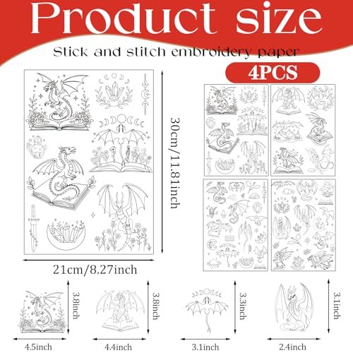 Water Soluble Stabilizer for Embroidery, 4 Sheet 60 Pcs Dragon Stick and Stitch Embroidery Papers Wash Away, Books Transfer Paper DIY Crafts Gifts for Hand Sewing Lovers Beginners - size: Dragon Book