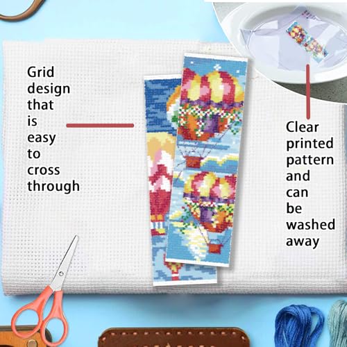 FREEBLOSS 6 Set Cross Stitch Bookmark Kit 11 CT Stamped Cross Stitch Kit DIY Embroidery Bookmark Kits for Adult Beginners with Instructions, Hot Air Balloon, 6 x 20 cm/8" x 2.4" - style: Hot Air Balloon