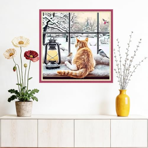 Dooxvey Counted Cross Stitch Kits for Adults 11CT Printed Cross-Stitch Patterns Cross Stitching Embroidery Kit Stamped or Counted Needlepoint Kits-Window sill Cats Birds 18×18 inch - color: ColorDIY07