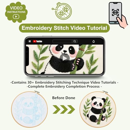 Santune Beginners Embroidery Kit for Adult Needlepoint Cross Stitch Kits Needle Point Sets with Panda Embroidery Patterns, Includes Step-By-Step Instructions and Accessories - color: Panda Series