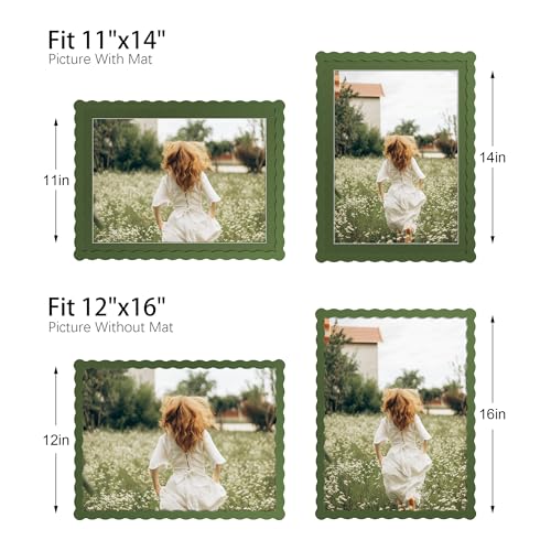 12x16 Picture Frame with Mat for 11x14, Wavy Edge Wooden Real Glass Photo Frame for Wall Hanging, Green, 1 Pack - color: Green, size: 12x16 in