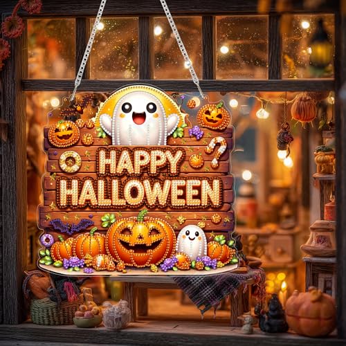 Eiflow Acrylic Diamond Art Hanging Kit for Adults, DIY Diamonds Painting Door Hanger Board Kit, Special Crystal Diamond Art Painting Pendant Ornament (Halloween Sign) - color: Halloween Sign