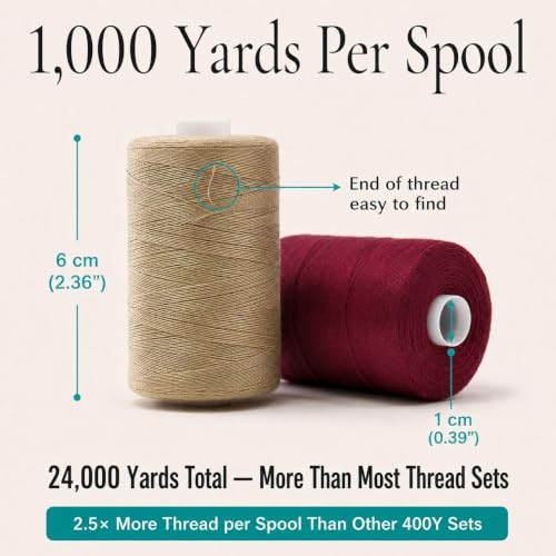 BlesSew Sewing Machine Thread – 24 Spools, 1000 Yards Each – All Purpose Polyester Thread Set, 22 Colors + Black & White – Thread for Sewing Machine, Ideal for Beginners, Quilting & Repairs - color: Multicolored