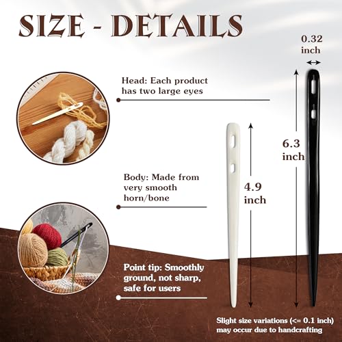 Savina Set 2 Nalbinding Needle Bone & Horn with Large Two-Eyed. Handmade Binding Tool, Multipurpose Weaving/Knitting/Stitching Needles for Craft Work