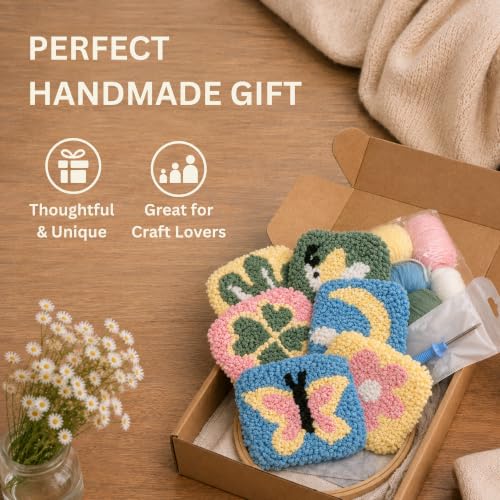 Kukovaya Punch Needle Kit for Beginners & Adults; Complete DIY Embroidery 6-Coaster Kit with Printed Fabric, Yarn, Needle, Hoop & Guide Easy Craft Kit for Home Decor, Gifts & Stress Relief