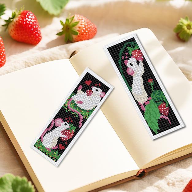 INFUNLY 6 Set White Mouse DIY Cross Stitch Bookmark Kits for Beginners Strawberry Counted Cross Stitch Kit with Instruction Cute Mice Fruit Embroidery Bookmark Kit for Book Lovers Readers Gift - style: Mice and Strawberries