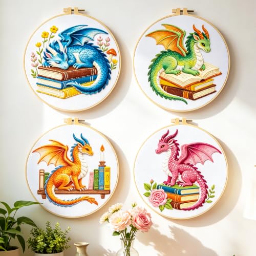 BEUNITONE 4 Set Embroidery Kits for Beginners with Dragon Pre-Print Patterns, DIY Craft Kits Include Instructions and 2 Embroidery Hoops, Cross Stitch Needlepoint Kits for Craft Lover and Home Decor - style: A-Dragon