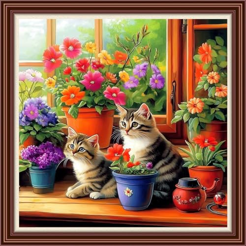 Dimensean Counted Cross Stitch Kit for Beginners, 11CT Unprinted Cross-Stitch Kit Easy Patterns Needlepoint Kit Cross Stitching Embroidery Kit Supplies-Cat Flowers on the windowsill 18x18 inch - color: DIYColor05