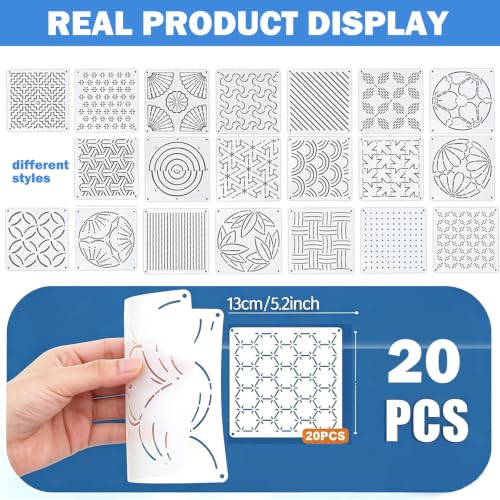 61 Pcs Sashiko Thread Kit with Plastic Sashiko Stencil, Embroidery Kit Fits for Sashiko Stitching, Hand Quilting Mending Supplies, Japanese Sewing Patterns for Beginners Visible Mending Kit Set