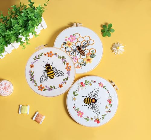 Konrisa Embroidery Kits for Adults Beginner, European Style Bees Collect Honey Stamped Embroidery Starter Kit,DIY Sewing Practice, Needlepoint Cross Stitch Kit,Set of 3 - color: bee