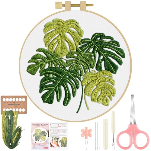 ERKOON Embroidery Kit for Beginners Adult, Cross Stitch Set Include Embroidery Cloth Hoop Threads for Craft Lover Hand Stitch with Embroidery Skill Techniques (Leaf) - color: Leaf