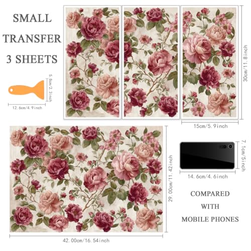 OLYCRAFT 3Pcs Peony Flowers Rub on Transfers for Furniture and Crafts 6x12 Inch Large Botanical Furniture Decals Decor Vintage Floral Transfer Stickers with 1pc Scraper for Glass Cups Cabinets Decor - style: Botanical theme