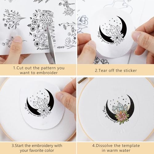 Water Soluble Stabilizer Embroidery Paper, 4 Sheet 60 PCS Boho Stick and Stitch Embroidery Paper Wash Away, Butterfly Flower Moon Transfers Papers DIY Crafts Gifts for Hand Sewing Lover Beginners - size: Boho Flower