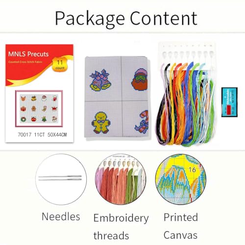 Zhenqing 12 Mini Christmas Stamped Cross Stitch Kit for Beginners, 11CT Printed Fabric with Santa Reindeer Snowman Tree Gift Bell Designs, DIY Holiday Craft Set with Pre-Cut Floss, Needles and Guide