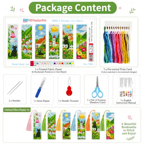 Zhenqing Black Cat Stamped Cross Stitch Bookmark Kit, 6 Designs - color: Cottagecore Black Cats in Countryside Gardens