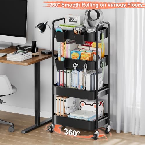 4 Tier Rolling Cart Metal with Wheels, Black Storage Carts,38in Tall - color: Matte Black, size: 4 Tier + Cups + Hooks