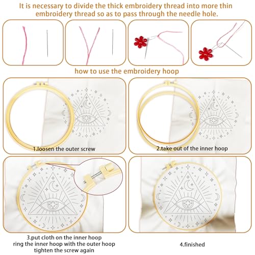 BEUNITONE 6Set Tarot Embroidery Kit for Beginners with Dreamy Pre-print Patterns, DIY Craft Kits for Adults Women with Embroidery Hoops and Full Kits, Needlepoint Kits for Home Decor and Gifts 20x20cm - style: Tarot