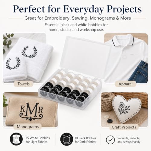 Simthread 25pcs 15White+10Black Prewound Bobbin Thread Size A Class 15 (SA156) 60WT with Clear Storage Plastic Case Box 70D/2 Compatible with Brother Embroidery Thread Sewing Thread Machine DIY - color: 60wt White+Black