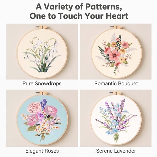 Harimau Adult Beginner Embroidery Starter Kit, Complete Set with 4 Patterns, 2 Hoops, Needles, Scissors, Instruction Guide & Stitching Video Tutorials - color: Floral6 pattern