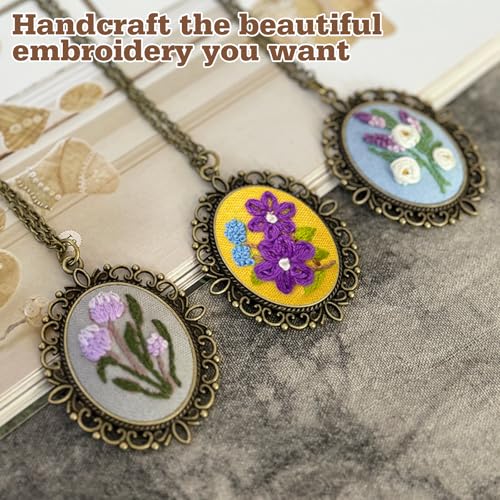 ZOCONE New 4 Packs Embroidery Necklace Kits, Embroidery Pendant Kit Mini Cross Stitch Kit with Hoop, Necklace, Pendant, Stamped Pattern Cloth, Instructions, etc., Embroidery Kits for Adults - color: J