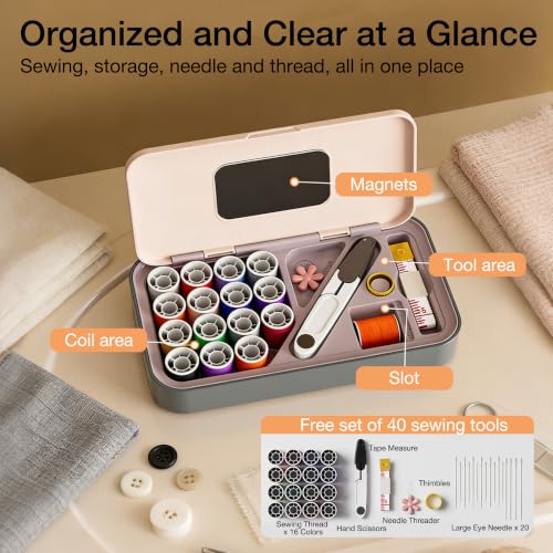 QUARDINE Sewing Kit Box 40 Pcs, Magnetic Needle Storage, Cream - color: Cream