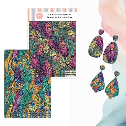 Peacock Feather Clay Transfer Paper – 6 Pcs Water-Soluble Polymer Clay Transfer Sheets for Jewelry Making.