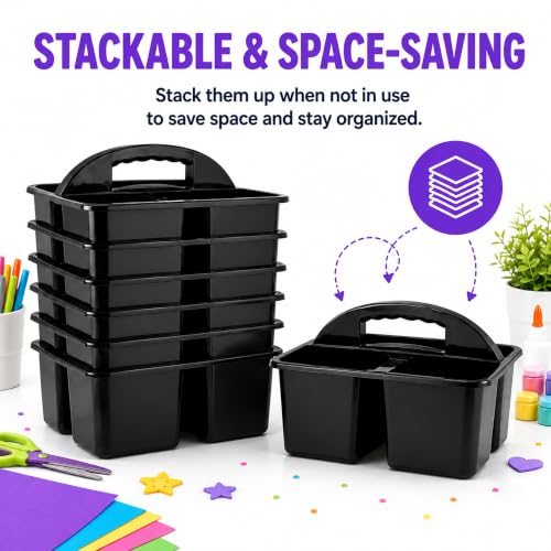 Haundry 6 Pack Black Classroom Caddy, 3-Compartment Plastic Supply Bins - color: Black