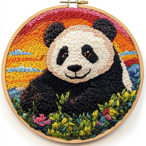 DIY Punch Needle Kits Panda with Sunset with Hoop 20x20cm-2 - color: 07-Panda