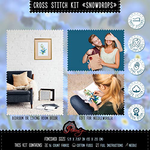 Povitrulya Spring Flowers Cross Stitch Kit “Snowdrops” | Embroidery Set with White Floral Pattern and 16 Count Aida Fabric - color: Snowdrops