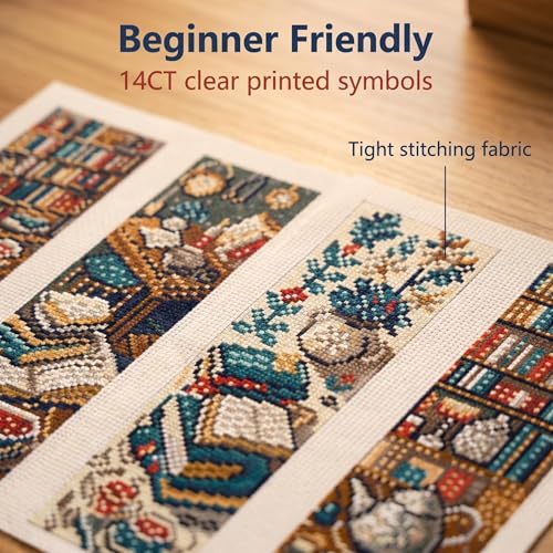 14CT Blue Bookshelf Counted Cross Stitch Bookmark Kit for Adults Beginners - color: SQJ001-01