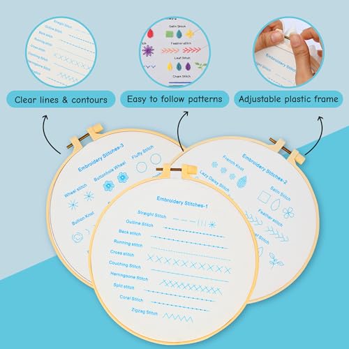 Beginner Embroidery Kit – Learn 28 Stitches – DIY Embroidery Set with 3 Hoops, Stamped Patterns, Needles, Scissors, Thread – Complete Cross Stitch Kit for Adults, Teens, Beginners & Crafters - color: Beginner Practice Patterns