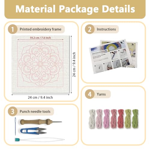 Doodlream Mandala Flower DIY Punch Needle Embroidery Kit for Adult Beginner, 9.4" Geometric Pink Floral Punch Stitching Craft Set for Starter with Frame, Fabric Pattern, Threader, Yarn, Pinch Needle - color: Mandala Flower