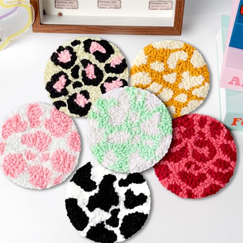 WATINC Spotted Punch Needle Coaster Kit - 22Pcs Crafts Punch Needle Coasters Kits for Beginners, 6 Colors Spotted Coaster Tufted Rug Pads with Adhesive Felt Yarns Embroidery Hoop Instruction