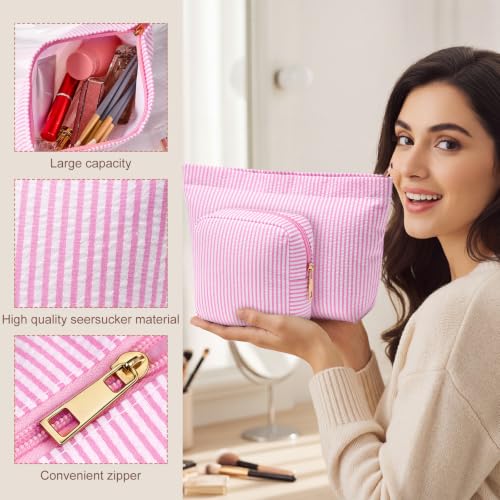 Sanwuta 4 Pcs Seersucker Pouch Striped Makeup Bag Set, Light Pink - color: Light Pink