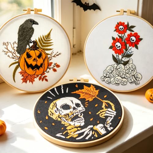Gothic Halloween Embroidery Starter Kit for Beginners Adults, Stamped Cross Stitch Kit Needlepoint Kit for Beginner Adult, 3 Embroidery Hoop 3 Set Embroidery Supplies (Attached Teaching Video QR Code) - color: White