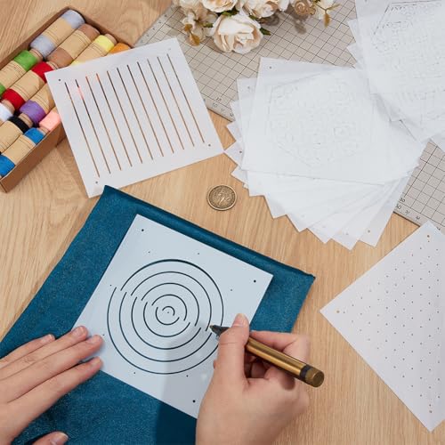 BENECREAT 16Pcs Mixed Styles Plastic Sashiko Stencil, 5x5inch Dots & Lines, Grid, Hexagons, Plants Embroidery Tool Drawing Line Template for Hand Quilting and Embroidery, 0.3mm Thick - style: Hexagons Patterns