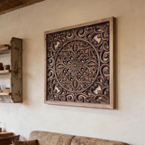 XIAOAIKA Boho Carved Wood Wall Art Panel, Floral Mandala, Distressed Brown - color: Brown
