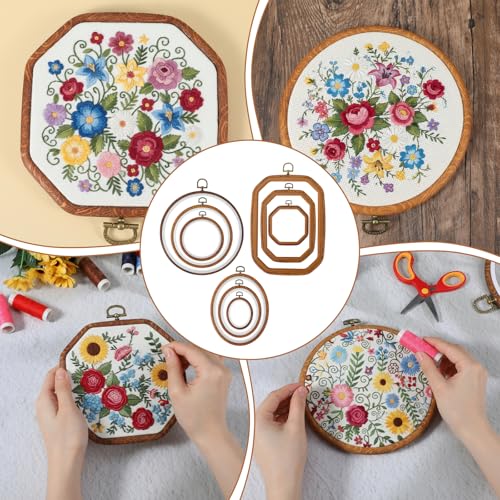 9 Pack Embroidery Hoop Frame Large 4 Shape Decorative Imitated Wood Display Frame Circle Cross Stitch frames Hoop Ring for DIY Art Craft Sewing Ornaments, Circle Oval Octagonal Shape and Hanging Decor