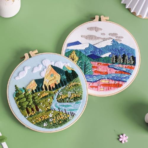 Konrisa 3 Pcs Landscape Embroidery Kits, Mountain Flower Village Pattern Cross Stitch Kit, DIY Sewing Practice Kits for Adults Home Decoration,Include Embroidery Cloth Threads and Needles,1pc Hoops - color: village