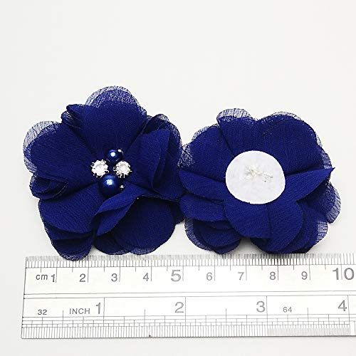 Chenkou Craft Pac.k of 12pcs Chiffon Flowers Ribbon Bows W/Beads 2-3/8" (60mm) Appliques Wedding Decor Bulk Lots (Dark Royal) - color: Dark Royal