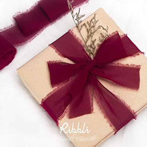 Ribbli Burgundy Chiffon Silk Ribbon, 1.5 inch x 30 Yard, Handmade, Fringe, Wedding Invitations, Gift Wrapping, Bridal Bouquets, Flower Arrangement - color: Burgundy