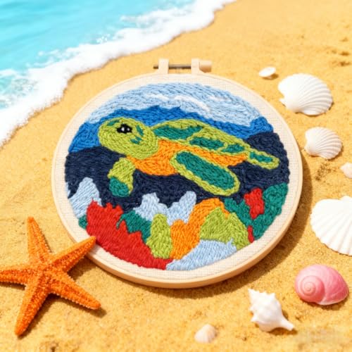 DIY Punch Needle Kits Green Sea Turtle with Hoop 20x20cm-5 - color: 02-Sea Turtle