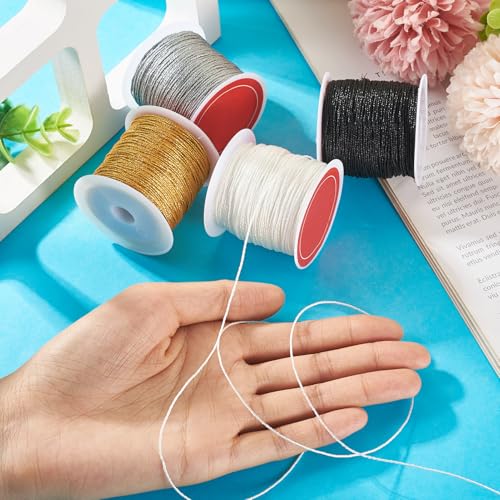 Beadthoven 4 Rolls Metallic Cord Twine 109 Yards Metallic Thread Colored Tinsel String Crafts Cord Tag Cord for Christmas Ornament Hanging Decoration Jewelry Making Thread 0.8mm Gold Black White Gray
