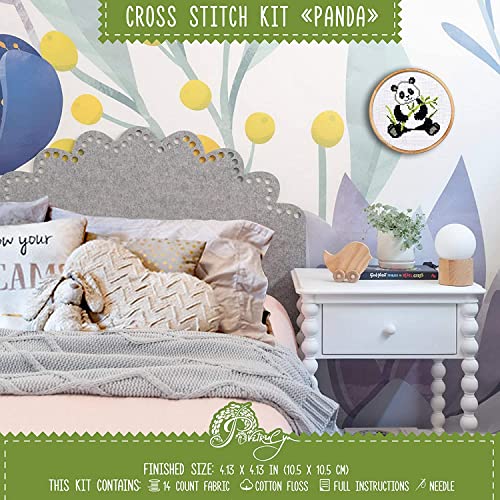 Povitrulya Counted Cross Stitch Kit with Pattern 'Panda' - Easy DIY Set for Hand Embroydery with Paper Pattern, 14 Count Blank Aida Canvas and Pre-Sorted Floss
